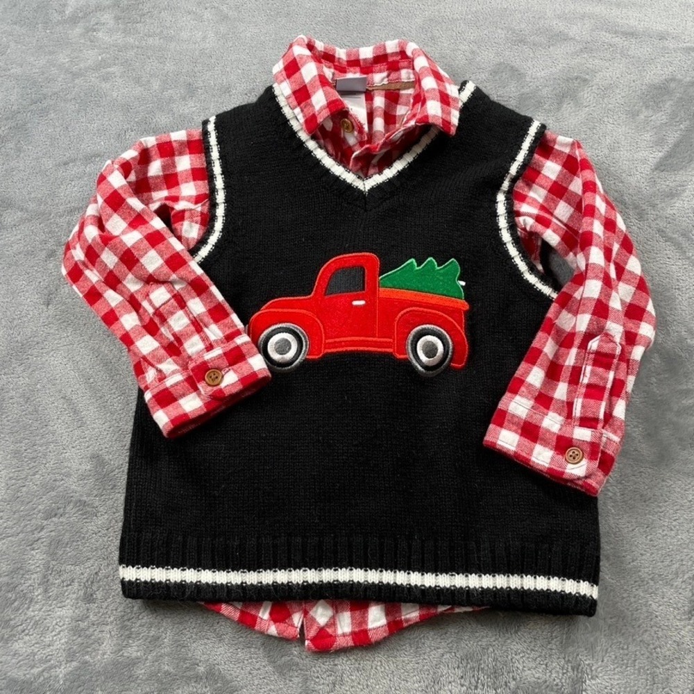 Little Lad Kids 4T Red Gingham Shirt and Black Truck Sweater Vest 2-Piece Set